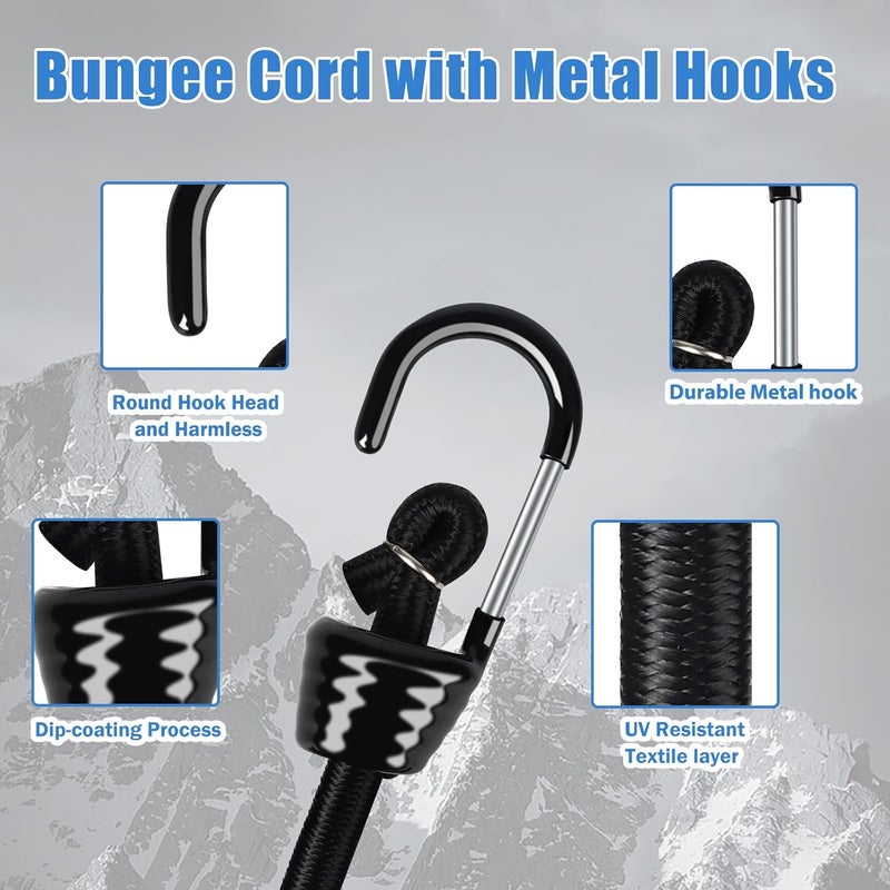 Joneaz Rubber Bungee Cords with Metal Hooks Heavy Duty Outdoor 48 inch, 4 Pack 10mm Black Marine Grade Cord, Plastic Dip Coating Process Hooks - Image 3